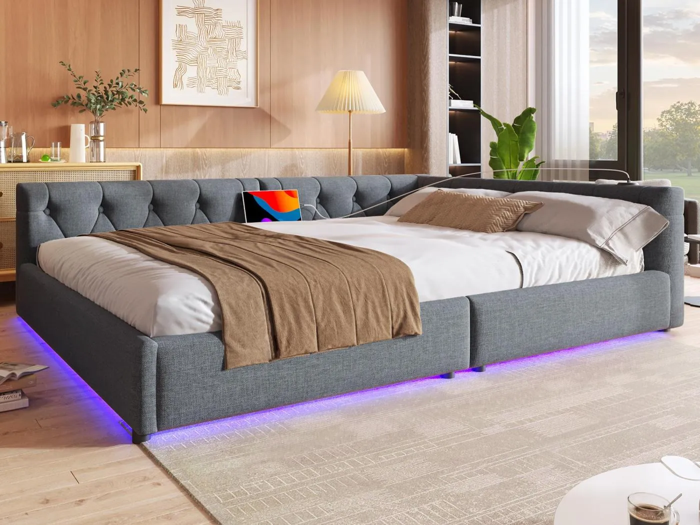 140x200 cm Tagesbett aus Leinen - mit LED und Ladeanschlüssen - Grau
