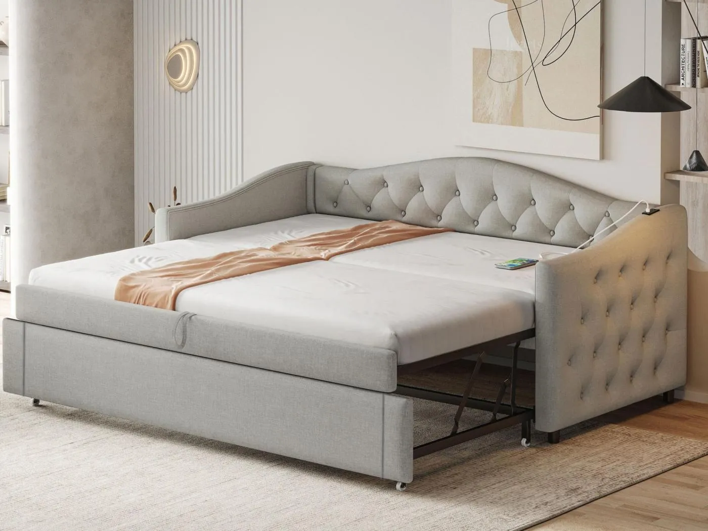 Ausziehbares Leinenbett 90 x 200 cm und 90 x 190 cm – mit USB-Anschluss und Lattenrost – Grau