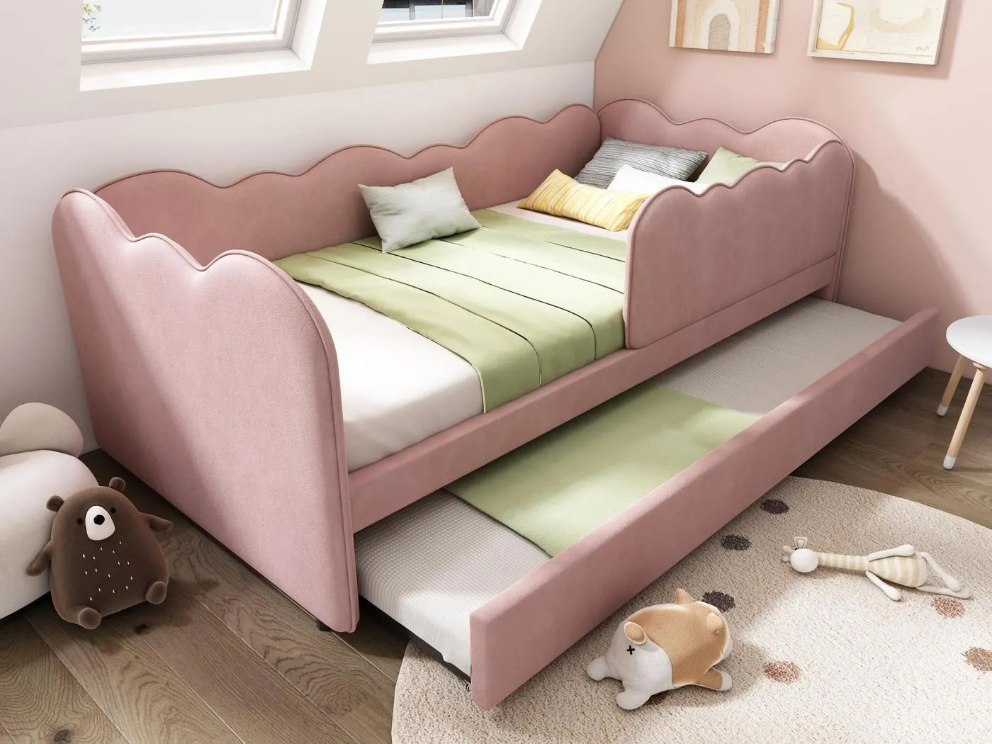 Schlafsofa 90×190 cm - mit Ausziehbett 90×190 cm - Wellendekor - mit Lattenrost - Samt - Rosa (ohne Matratze)