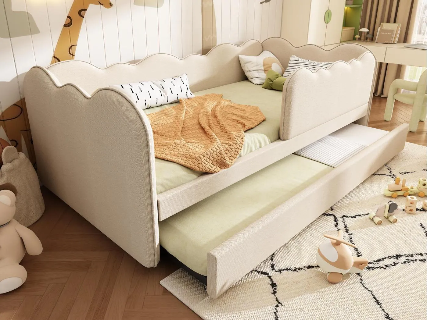 Schlafsofa 90×190 cm - mit Ausziehbett 90×190 cm - Wellendekor - mit Lattenrost - Samt - Beige (ohne Matratze)