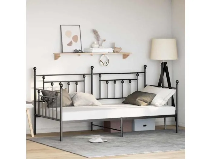 Tagesbettrahmen mit Kopfteil Schwarz 90 x 190 cm Stahl