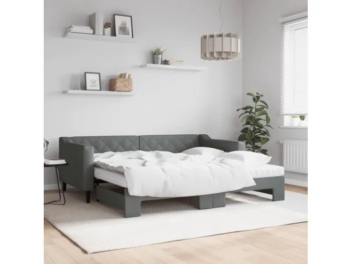 Tagesbett Ausziehbar mit Matratzen Dunkelgrau 90x190 cm Stoff