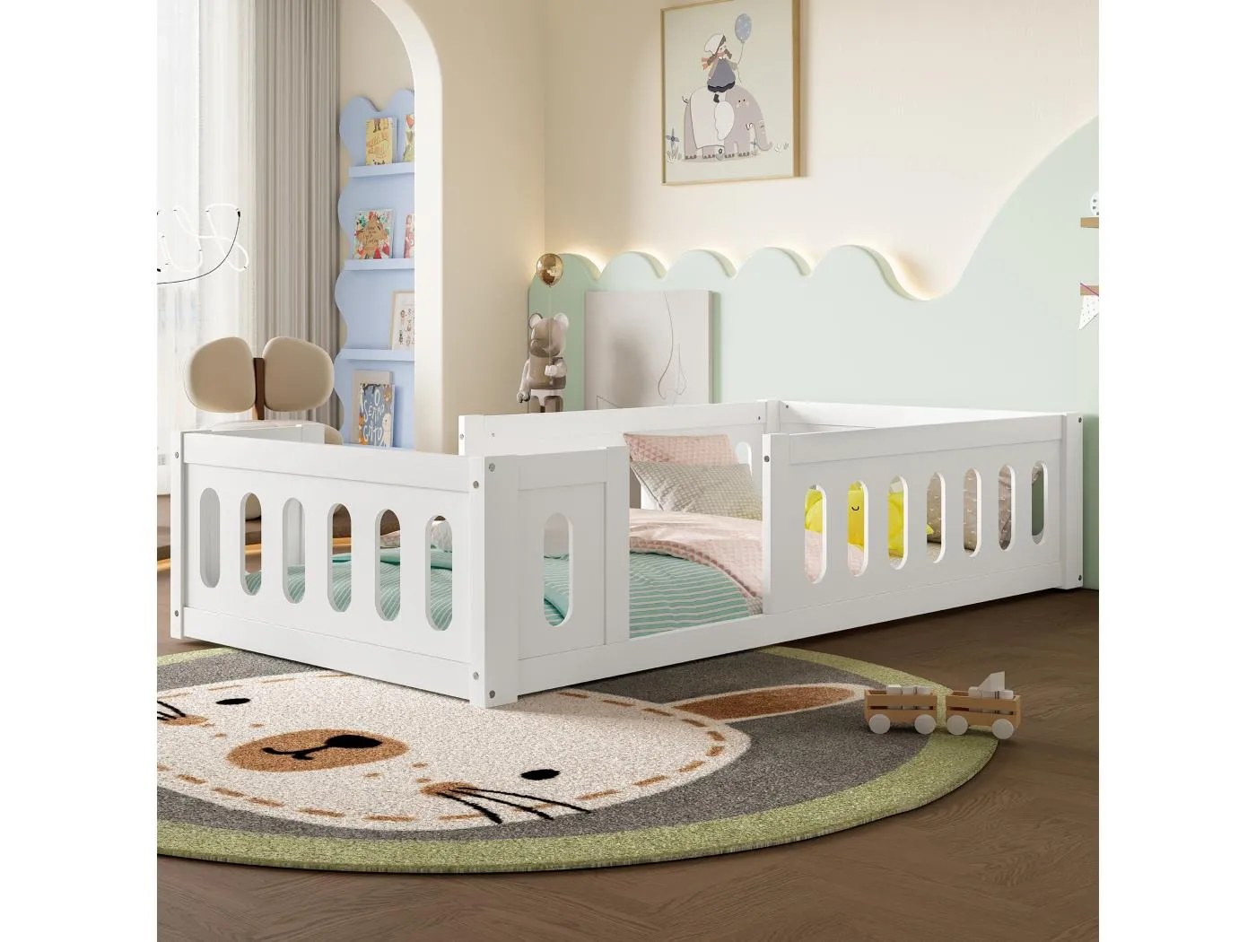 Holz-Plattformbettgestell – 90 x 200 cm – mit Rausfallschutz – Sams-Bettgestell – Holz + MDF – Weiß