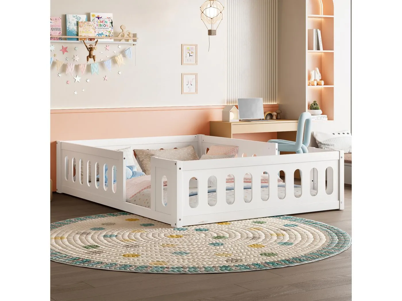 Holz-Plattformbettgestell – 140 x 200 cm – mit Rausfallschutz – Sams-Bettgestell – Holz + MDF – Weiß