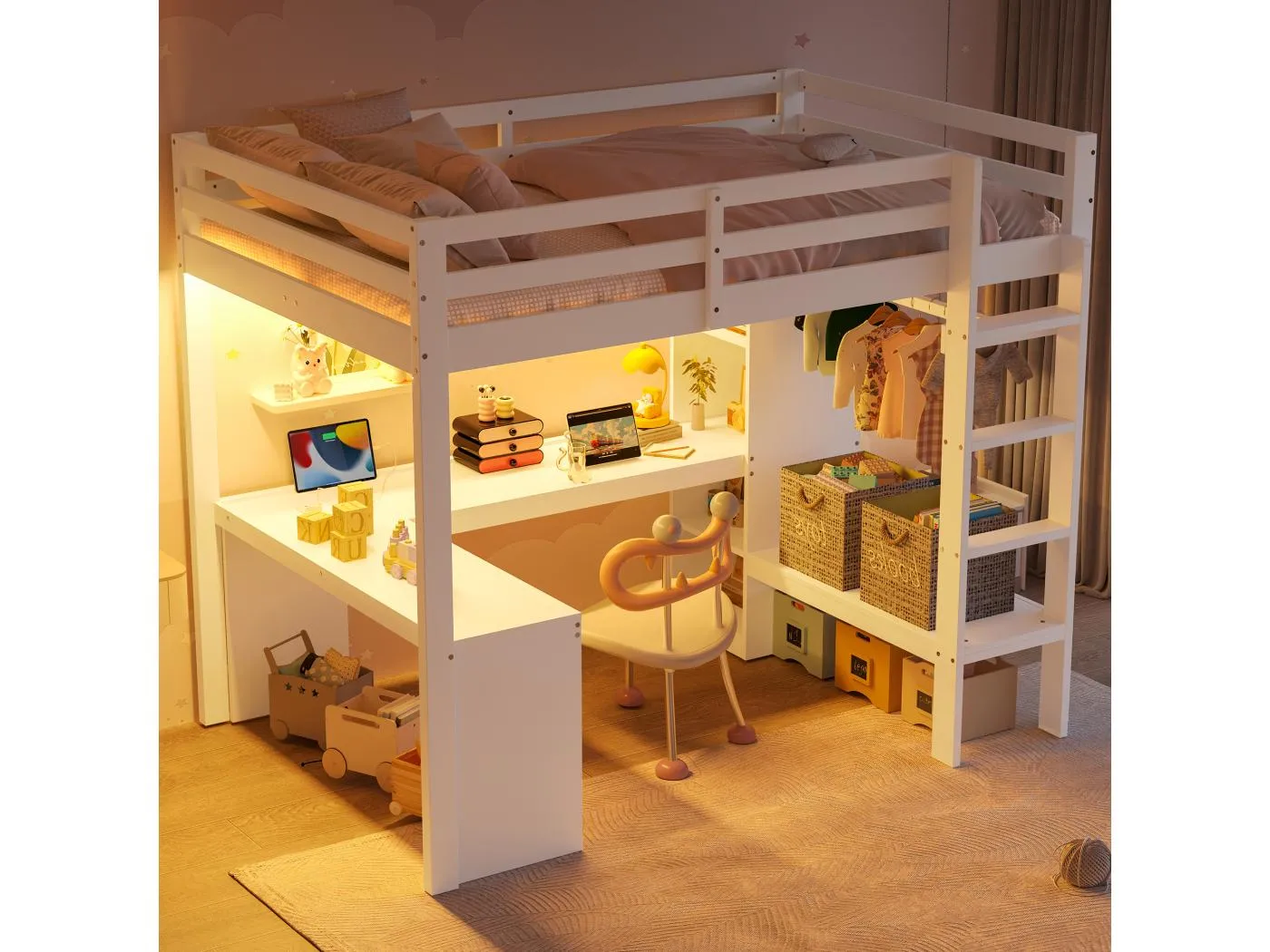 Kinder-Hochbett – 140 x 200 cm – mit Regalen + Schreibtisch + LEDs + USB – Holz + MDF – weiß