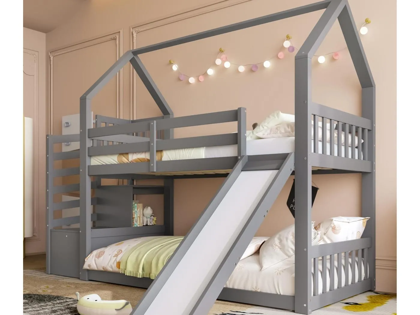 90 x 200 cm großes Etagenbett aus Holz – mit Barrieren + Stauraumtreppe + Rutsche – Grau