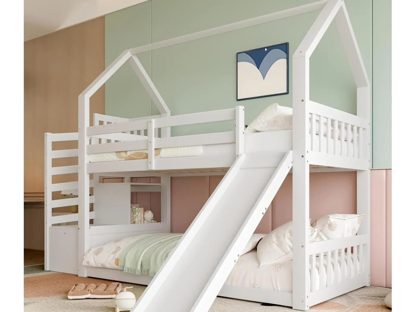 90 x 200 cm großes Etagenbett aus Holz – mit Barrieren + Stauraumtreppe + Rutsche – Weiß