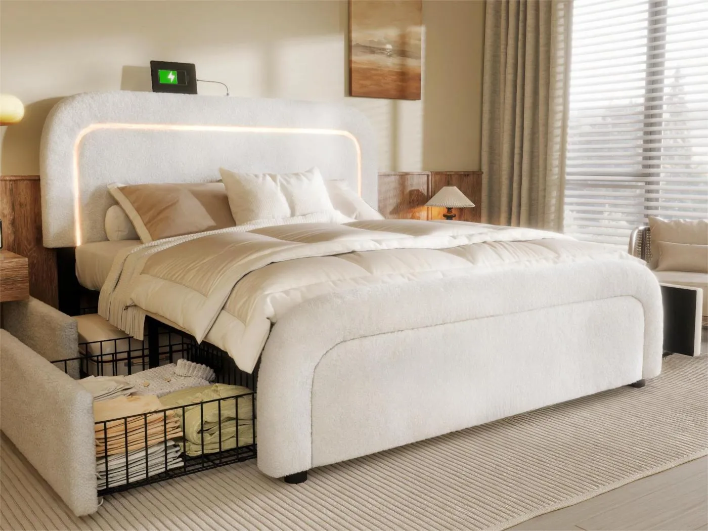 Sherpa-gepolstertes Doppelbett mit 4 Schubladen – 140 x 200 cm – mit LED und Ladeanschlüssen – Weiß