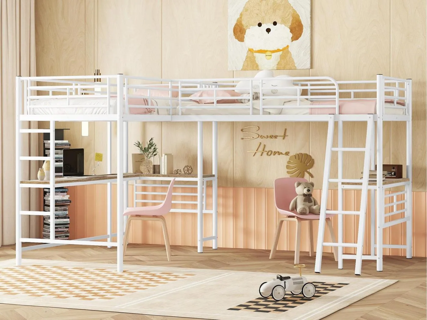 Hochbett – 2 Betten 90 x 200 cm – 2 Schreibtische unter dem Bett – Weiß