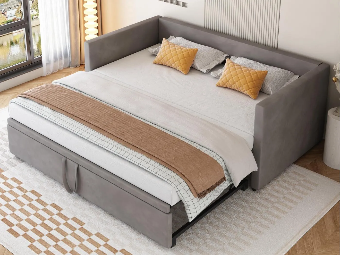 Ausziehbett mit Lattenrost – 180 x 200 cm – Samt – Grau