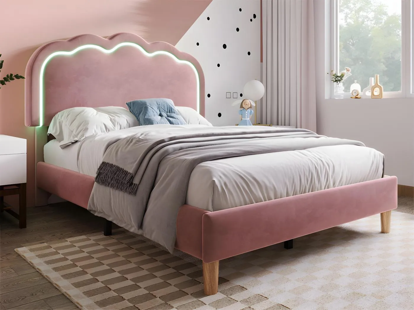 90 x 200 cm großes Bett mit Samtbezug – mit LED und Lattenrost – Rosa