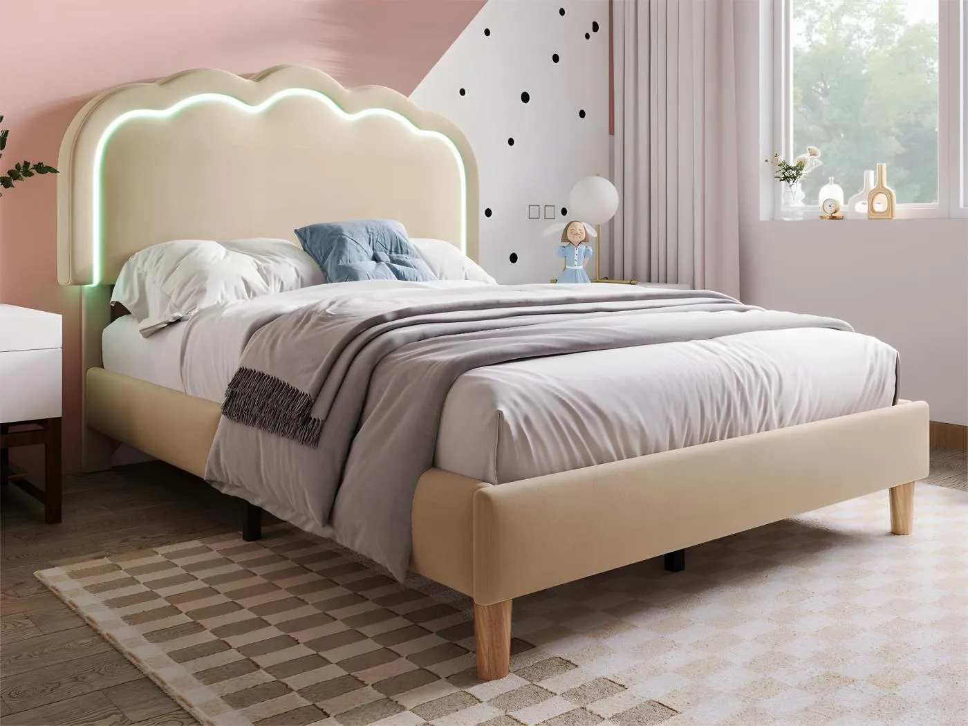 90 x 200 cm großes Bett mit Leinenbezug – mit LED und Lattenrost – Beige