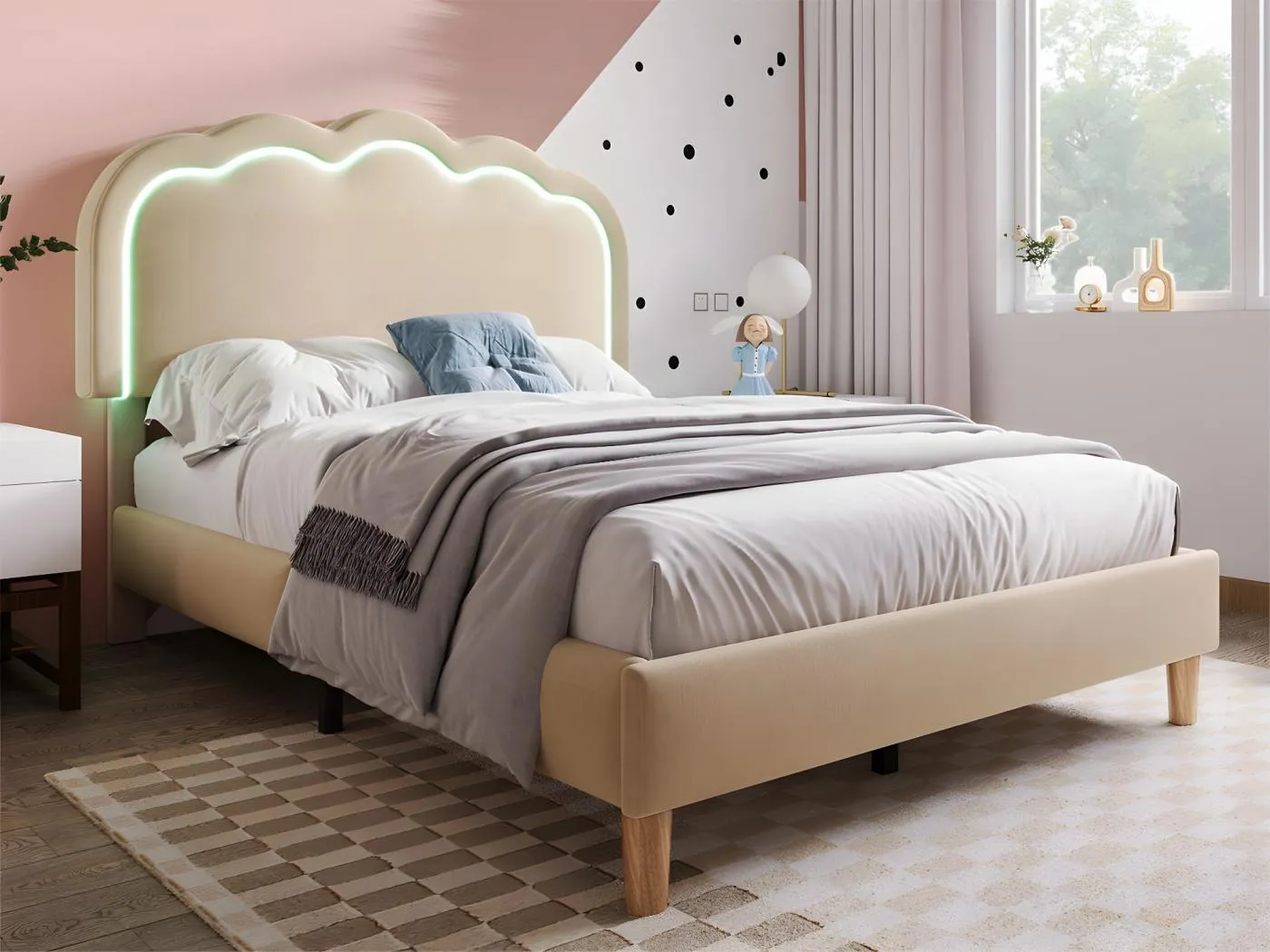 Bett 90 x 190 cm, gepolstert mit Leinen – mit LED und Lattenrost – Beige