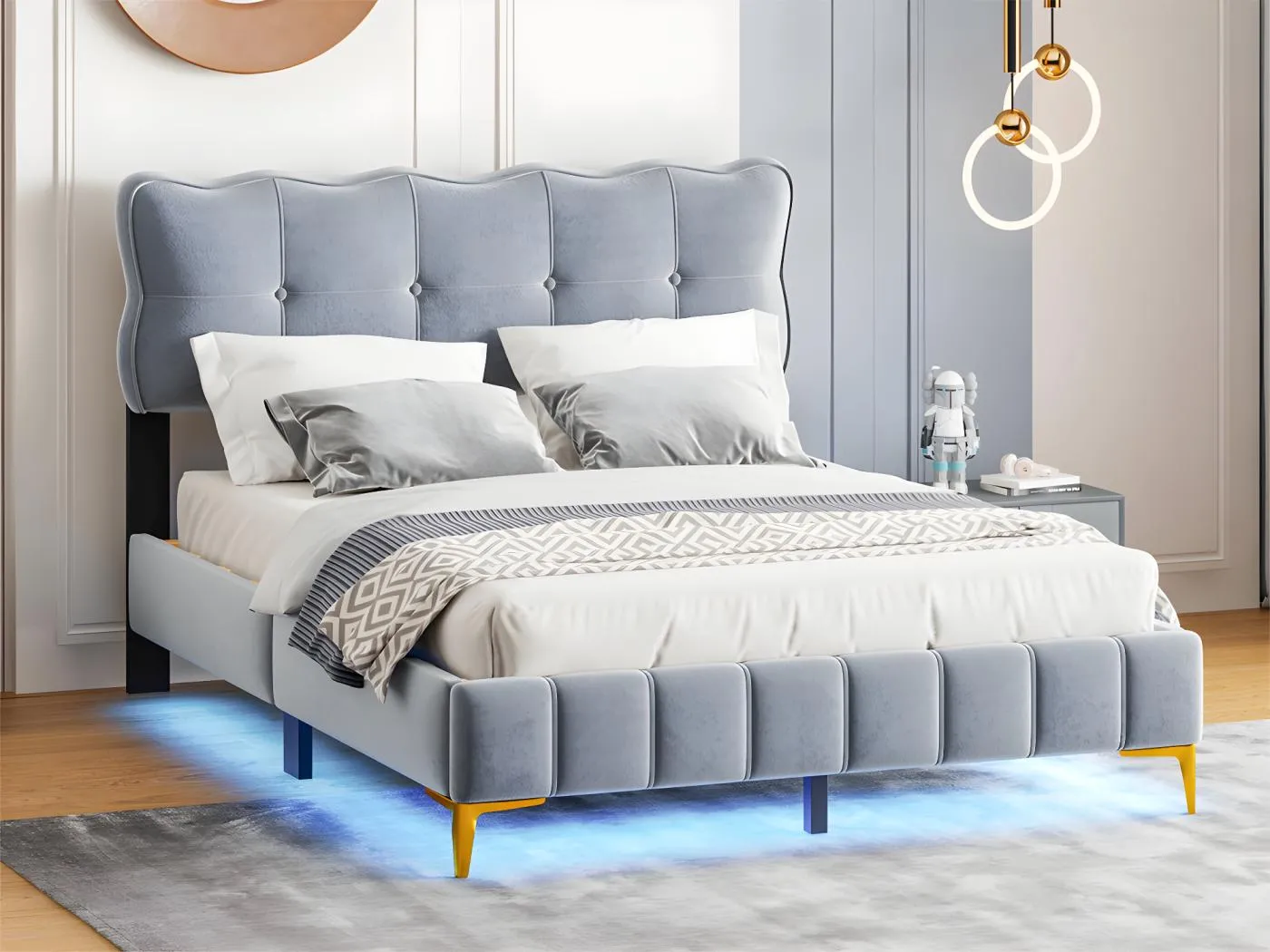 140 x 200 cm großes Samtbett – mit LED-Beleuchtung und Lattenrost – Grau