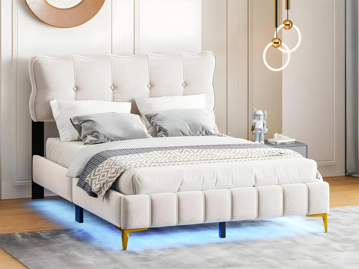 140 x 200 cm großes Samtbett – mit LED-Beleuchtung und Lattenrost – Beige