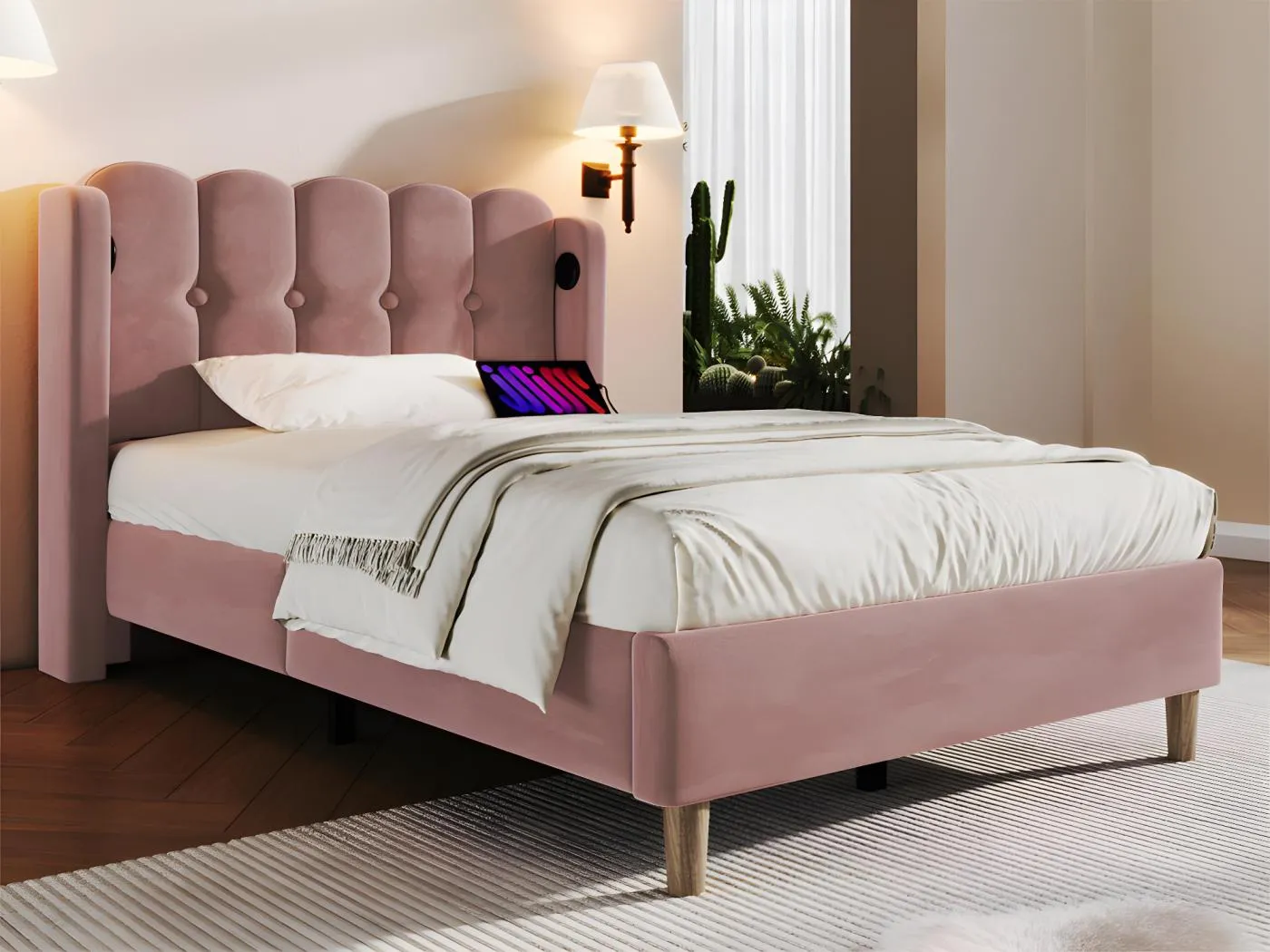 90 x 200 cm großes Bett mit Samtbezug – mit Ladeanschlüssen und Lattenrost – Rosa