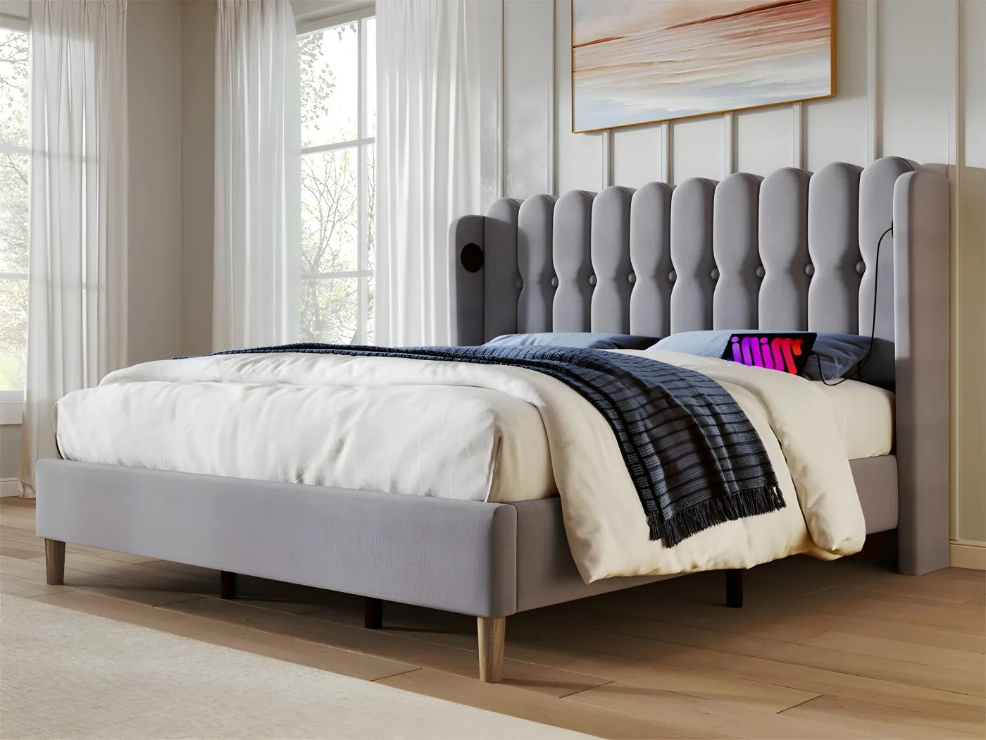 160 x 200 cm großes gepolstertes Leinenbett – mit Ladeanschlüssen und Lattenrost – Grau