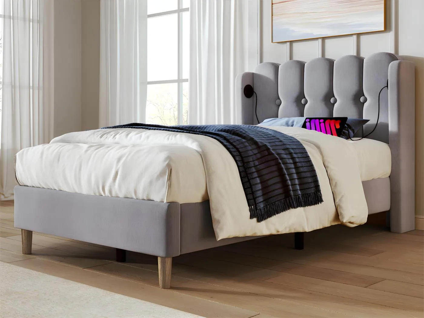 90 x 200 cm großes, gepolstertes Leinenbett – mit Ladeanschlüssen und Lattenrost – Grau