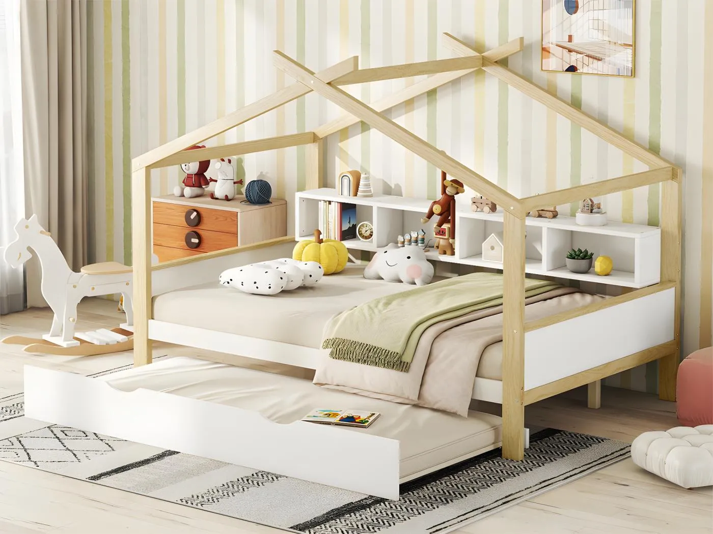 Ausziehbares Kinderbett 140x200cm - 4 offene Fächer am Bett - Weiß