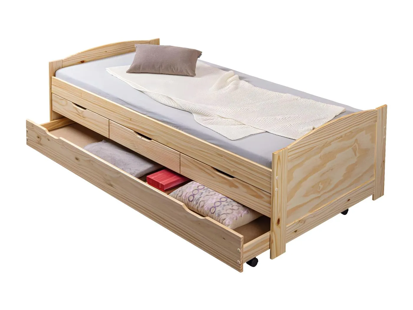 Marinella Einzelbett 90x200 Bett mit Lattenrost, 3 kleinen und 1 grosse Schublade/Gästebett, natur.