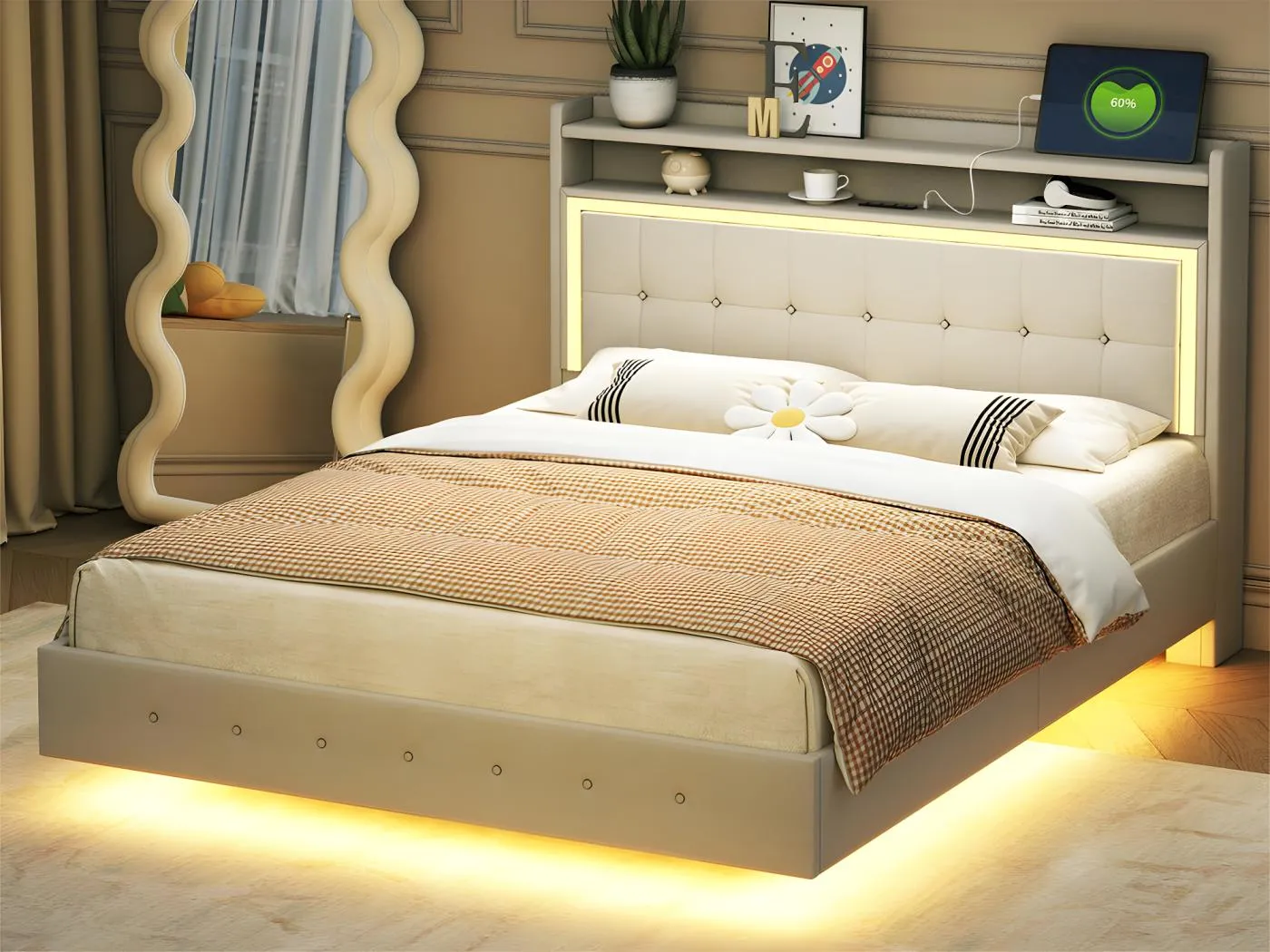 140x200cm gepolstertes Bett aus Leinenstoff – mit USB- und LED-Buchse – Beige