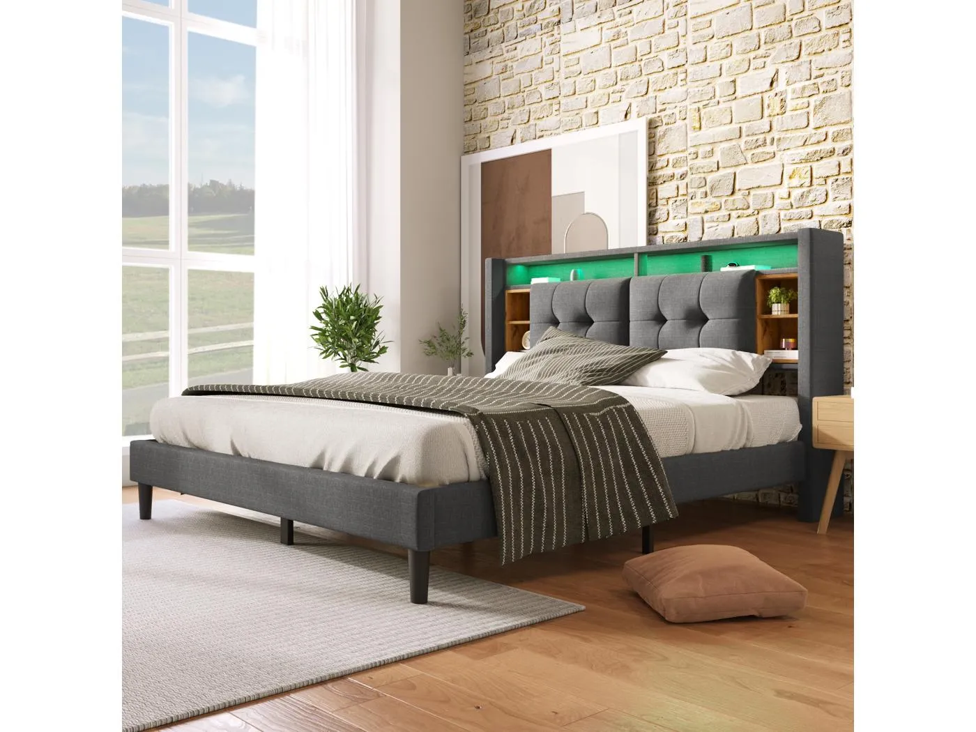 Polsterbett, Doppelbett, Kopfteil mit USB-Ladefunktion und LED-Beleuchtung, Lattenrost aus Holz, 160 x 200 cm, grau (ohne Matratze).