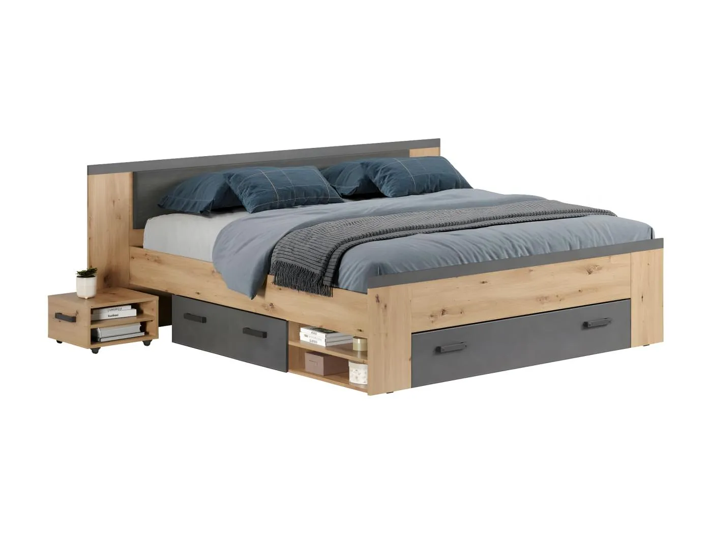 Follow Bett 180x200cm mit Nachttisch, Schubladen, Regalen auf beiden Seiten Eiche dekor, grau.