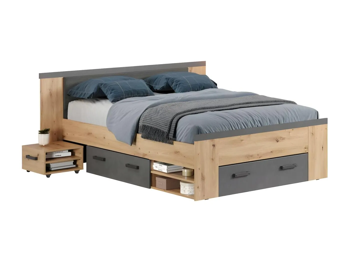 Follow Bett 140x200cm mit Nachttisch, Schubladen, Regalen auf beiden Seiten Eiche dekor, grau.