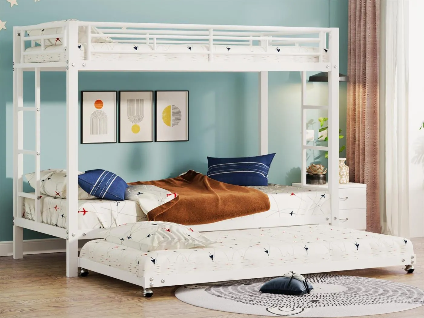 90 x 200 cm großes Etagenbett aus Metall – mit einem 90 x 190 cm großen Ausziehbett auf Rollen – Weiß