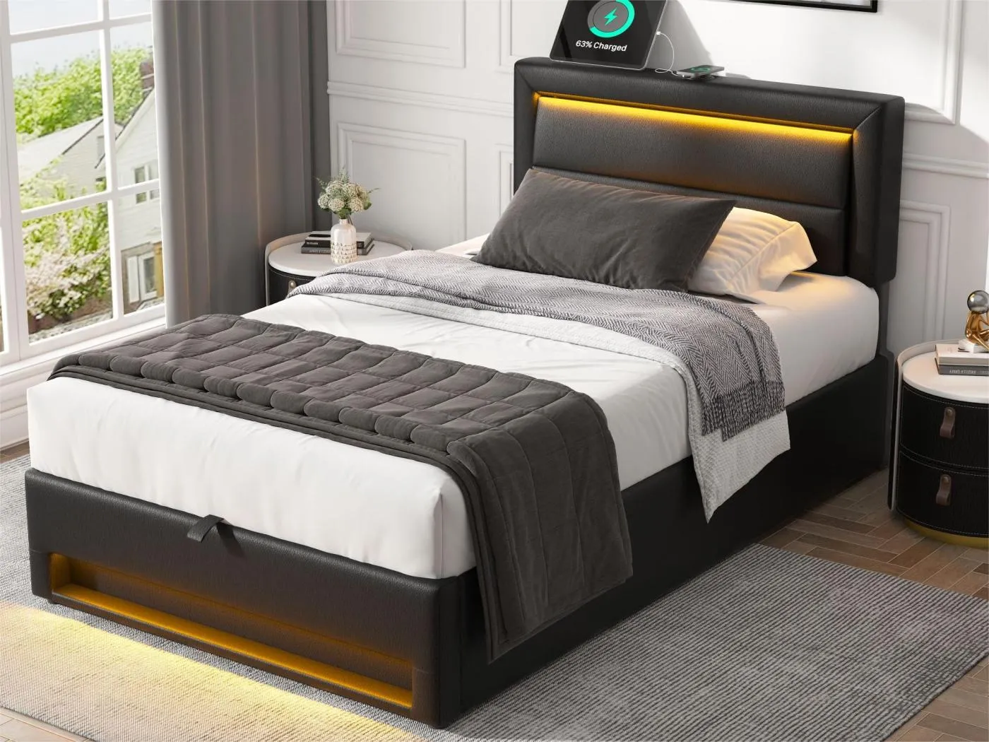 90 x 200 cm großes Stauraumbett aus Kunstleder mit LED – mit Ladeanschlüssen (kabelgebunden und kabellos) – Schwarz