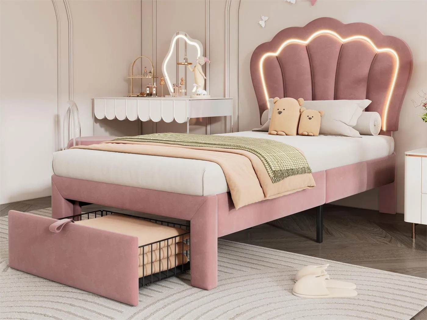 Bett 90x190 cm aus Samt mit Schubladen und LED-Steuerung per APP - Rosa