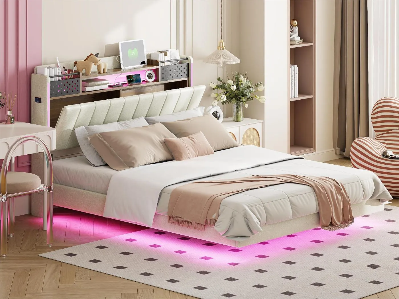 140 x 200 cm großes Bett aus Leinenstoff – mit USB-Anschluss und Lattenrost – Beige