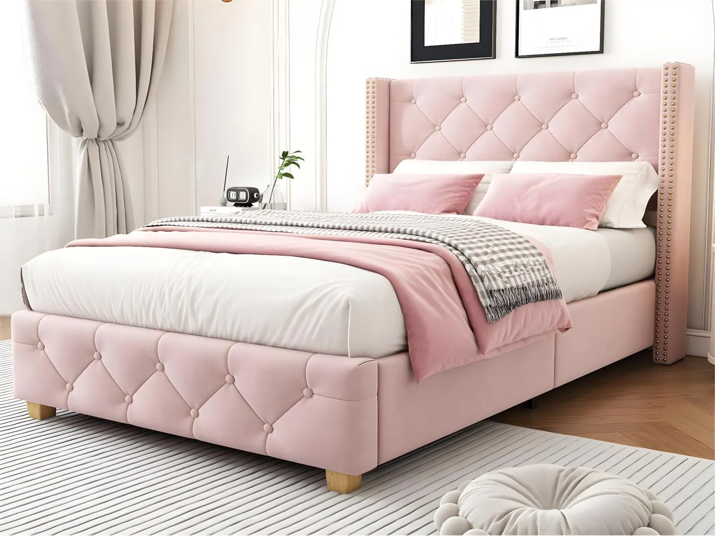 Einzelbett mit Samtbezug – 90 x 200 cm – mit Lattenrost – Rosa