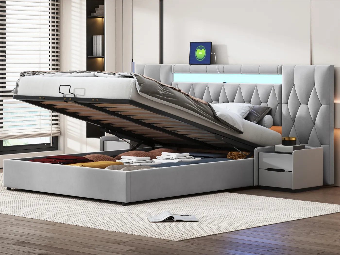 160 x 200 cm großes Stauraumbett aus Samt – mit LED und USB-Anschluss – Grau
