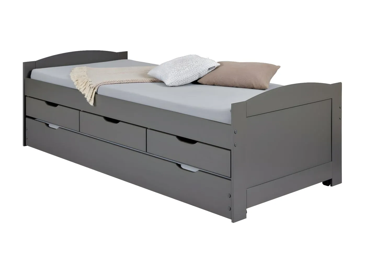 Lena Bett mit 1 Ausziehbett, 3 Schubladen, inkl. 1 Lattenrost Grau.