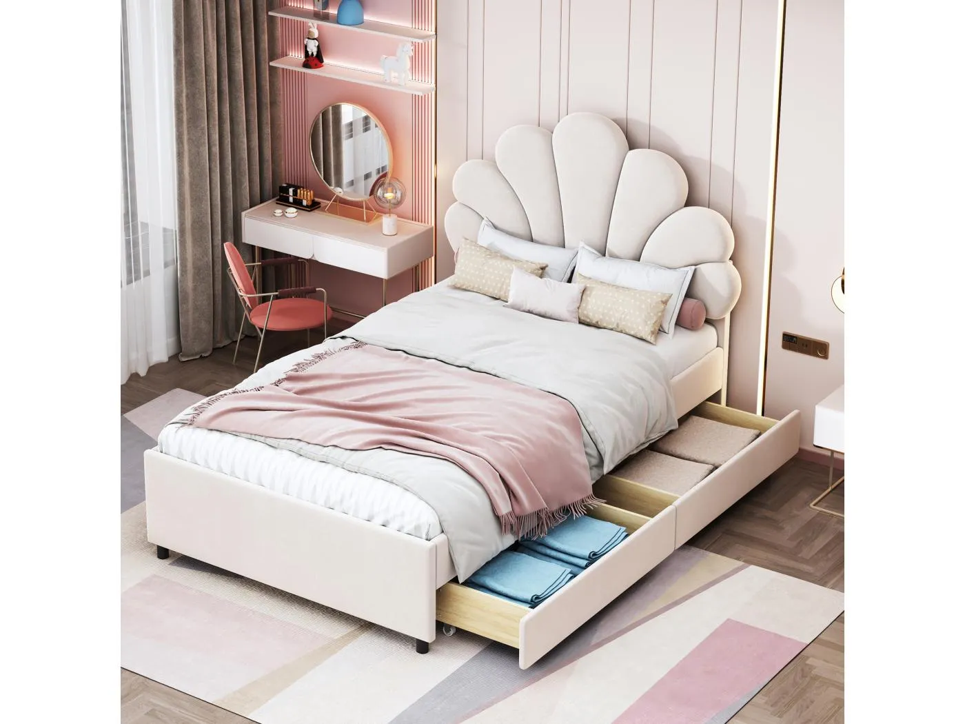 Samtpolsterbett 90 x 200 cm mit 4 Schubladen – blütenförmiges Kopfteil – Beige