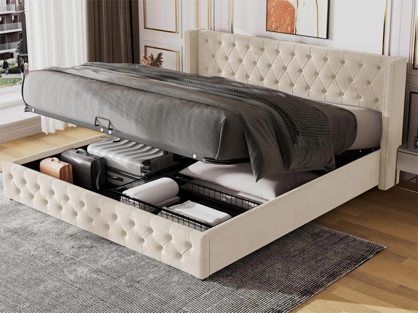 140 x 190 cm großes Stauraumbett aus Samt mit Lattenrost – Beige