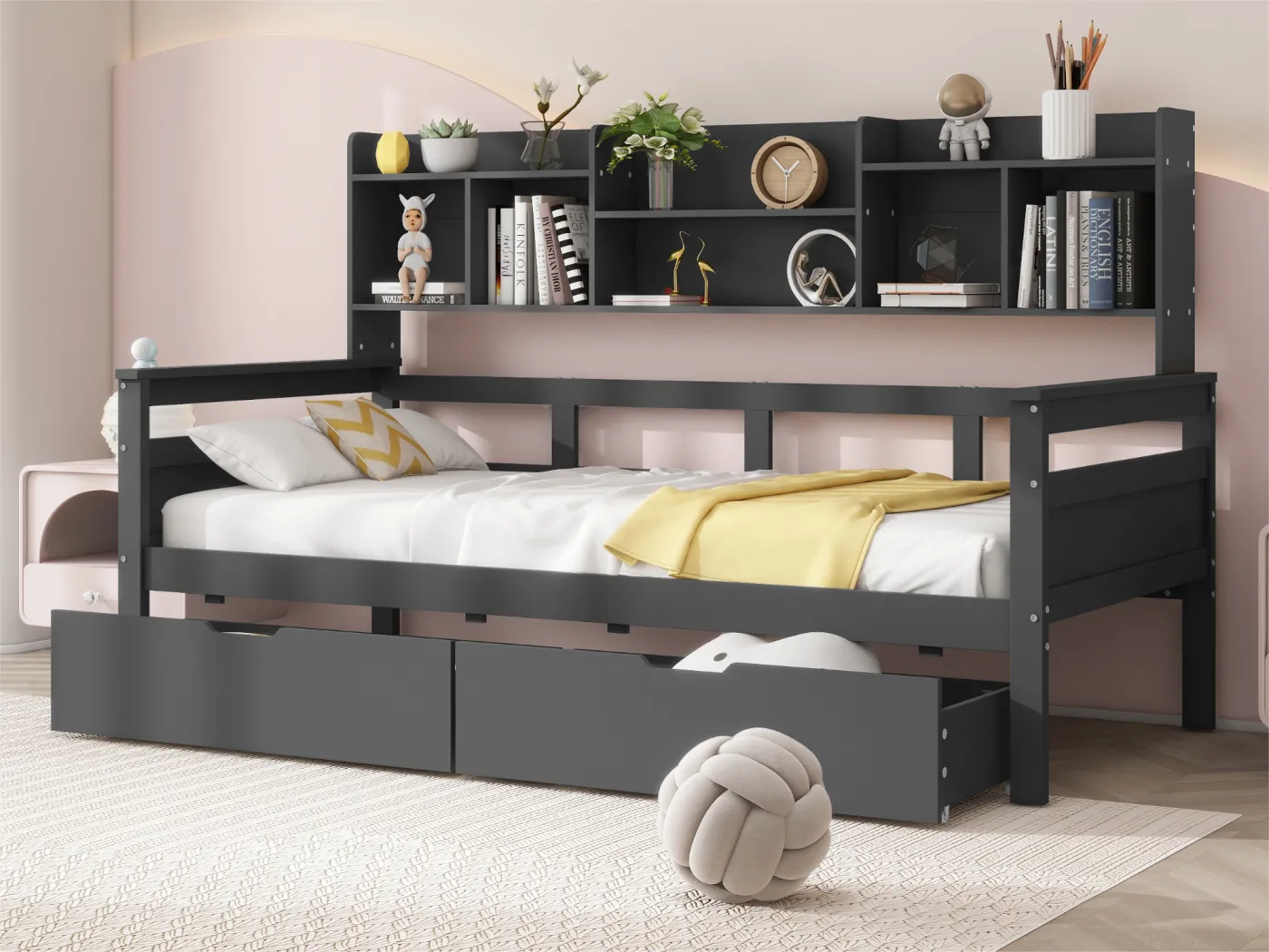 Schlafsofa 90x200 cm – mit 2 Schubladen und Regalen – Massivholz – Schwarz