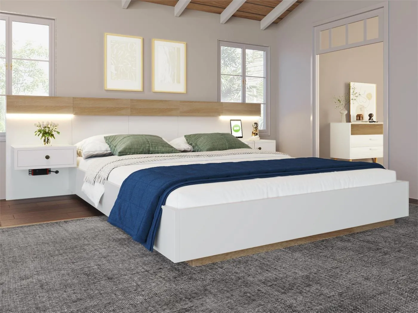 Bett für Erwachsene 140x200cm mit hängenden Nachttischen + LED- und USB-Anschlüssen + Lattenrost – Holz – Weiß