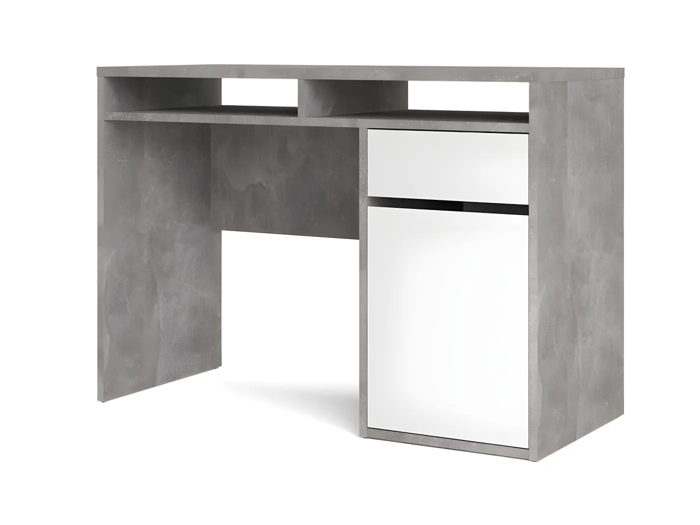 Plus Schreibtisch mit 1 Tür, 1 Schublade und 2 Regalen, Betondekor / weißer Hochglanz.