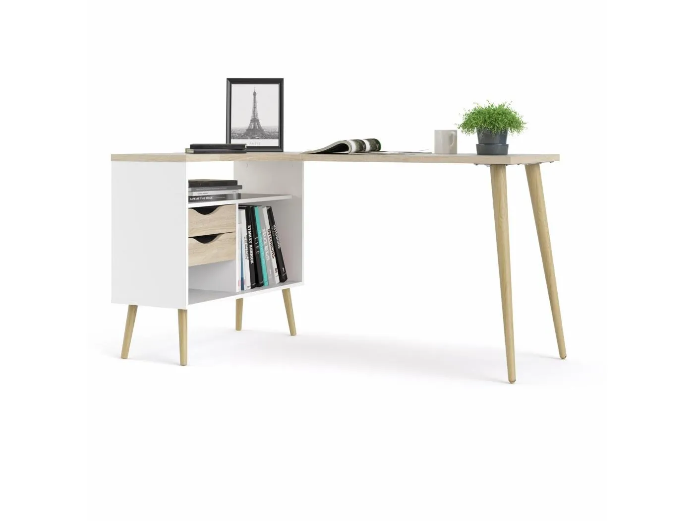 Napoli Eckschreibtisch mit 2 Schubladen und 3 Ablagen in weiß und Eiche.