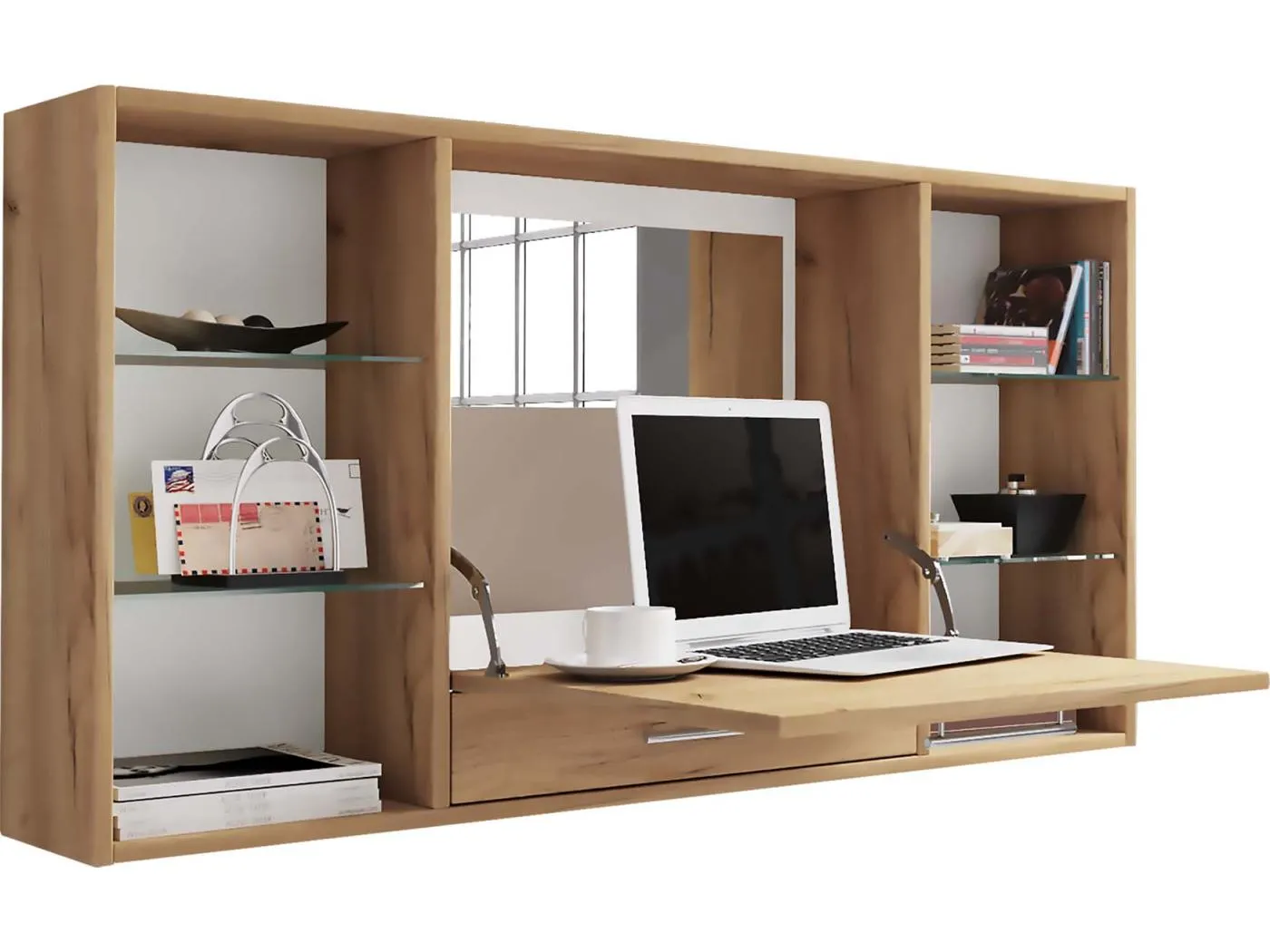 TealaS Schreibtisch Schreibtisch, Schminktisch wandhängend 1 Klaptür 1 Schublade 6 Ablagen Eiche dekor.