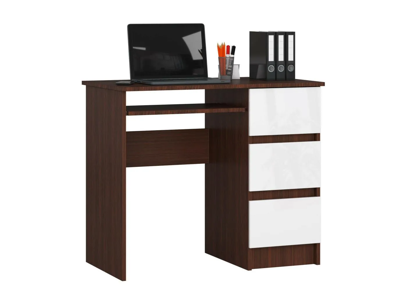 PC-Schreibtisch AKORD A6 rechts in der Farbe Wenge mit 3 Schubladen Front Weiß und 1 Ablagen B90 x H77 x T50 cm