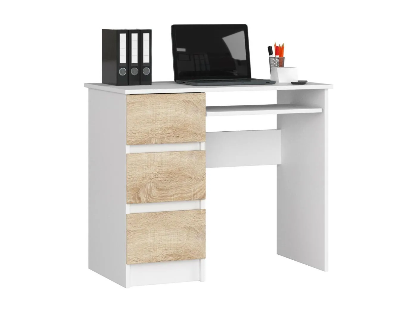 PC-Schreibtisch AKORD A6 links in der Farbe Weiß mit 3 Schubladen Front Sonoma-Eiche und 1 Ablagen B90 x H77 x T50 cm