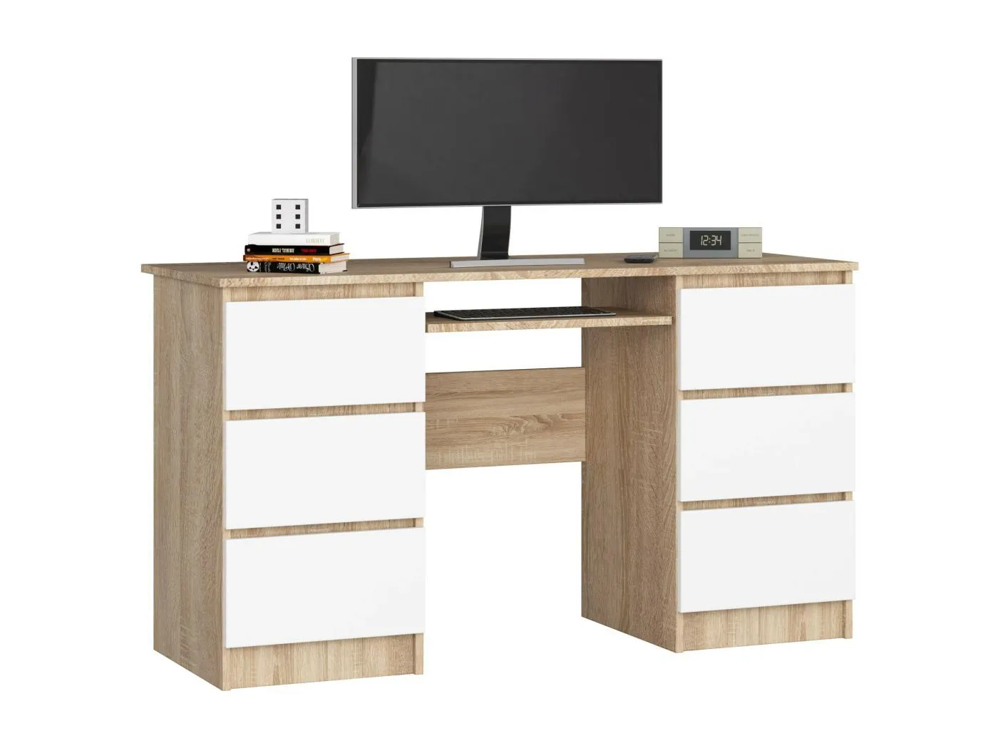 PC-Schreibtisch AKORD A11 in der Farbe Sonoma-Eiche mit 6 Schubladen Front Weiß B135 x H77 x T50 cm