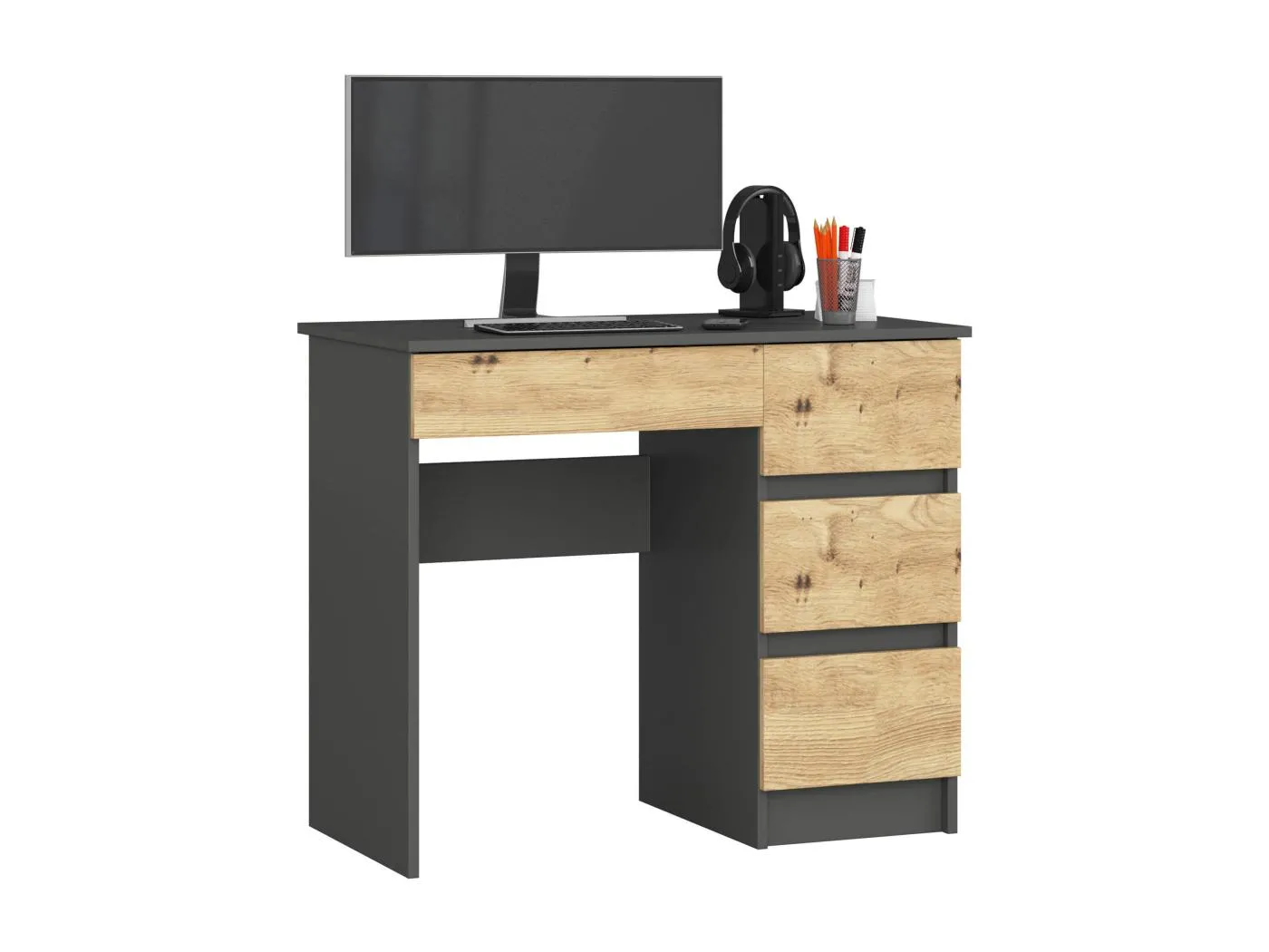 PC-Schreibtisch AKORD A7 rechts in der Farbe Graphitgrau mit 4 Schubladen Front Eiche Artisan B90 x H77 x T50 cm