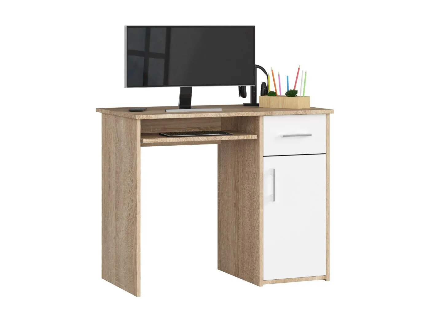 PC-Schreibtisch AKORD PIN in der Farbe Sonoma-Eiche Schublade Front Weiß und 3 Ablagen B90 x H74 x T50 cm
