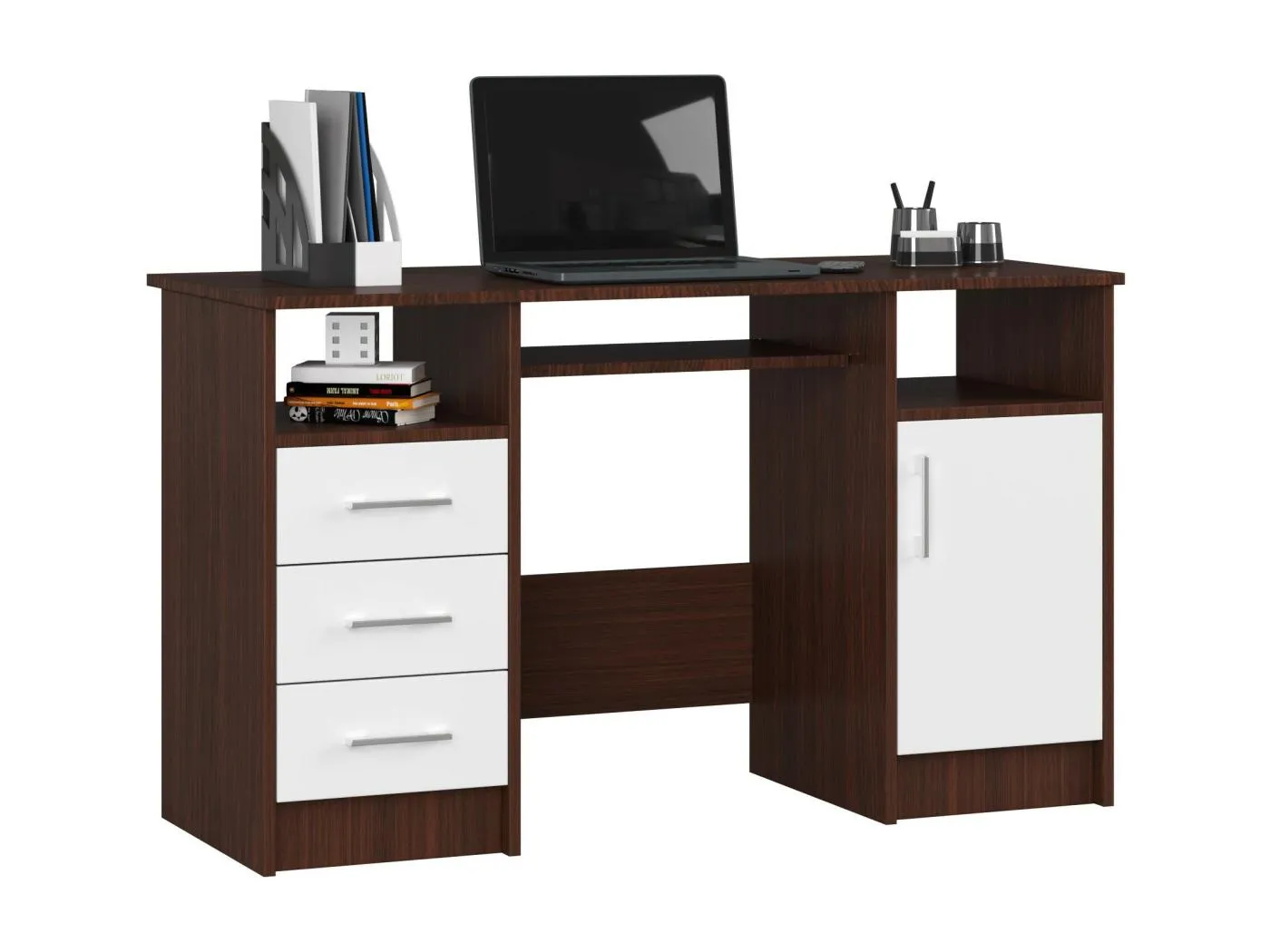 PC-Schreibtisch AKORD ANA in der Farbe Wenge mit 3 Schubladen Front Weiß und 5 Ablagen B124 x H74 x T52 cm