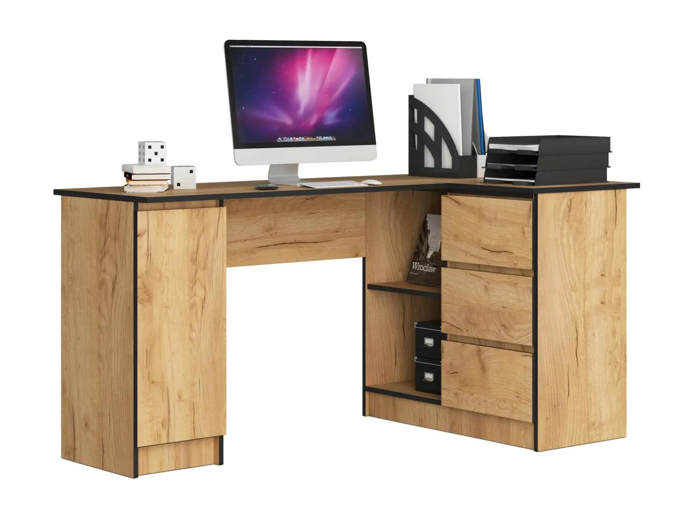 Eck-Schreibtisch AKORD B20 rechts in der Farbe Eiche Craft mit 3 Schubladen und 4 Ablagen B155 x H77 x T85 cm