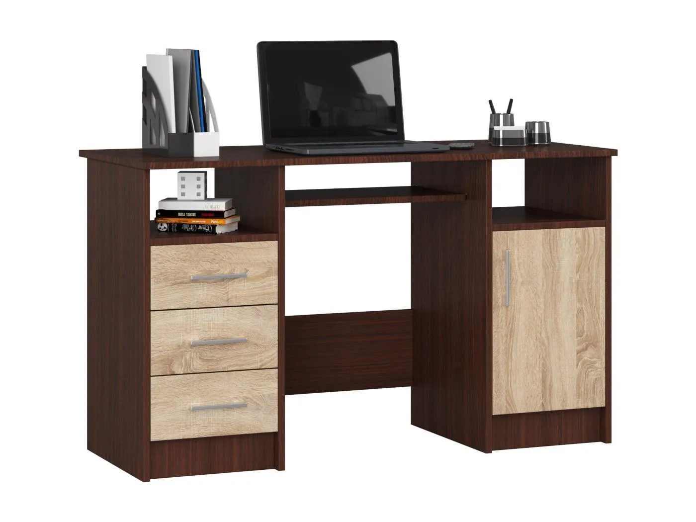 PC-Schreibtisch AKORD ANA in der Farbe Wenge mit 3 Schubladen Front Sonoma-Eiche und 5 Ablagen B124 x H74 x T52 cm